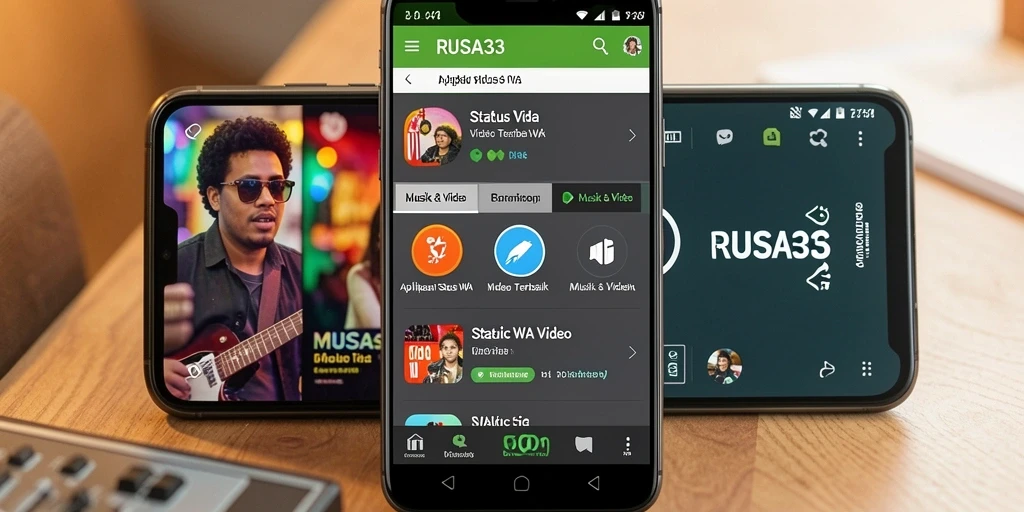 Antarmuka RUSA33 menampilkan berbagai pilihan video musik untuk status WA.